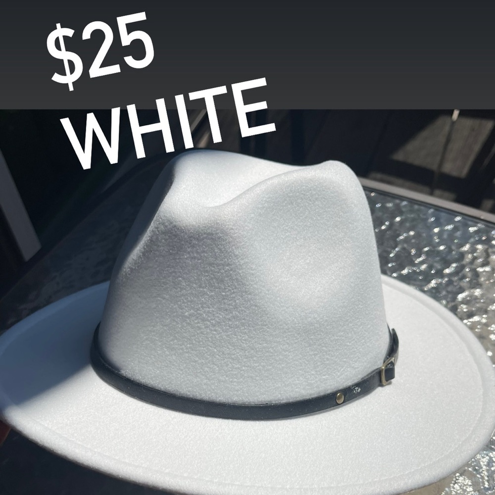 White Fedora Hat (New) with leather stray around the brim of the hat